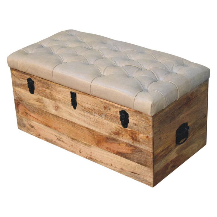 Mid-Century Modern Beige Buffalo hide leather Storage Trunk - Solid Mango Wood Blanket Chest for Bedroom - product view 4...