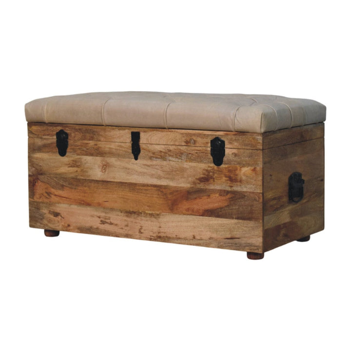 Mid-Century Modern Beige Buffalo hide leather Storage Trunk - Solid Mango Wood Blanket Chest for Bedroom - product view 2...