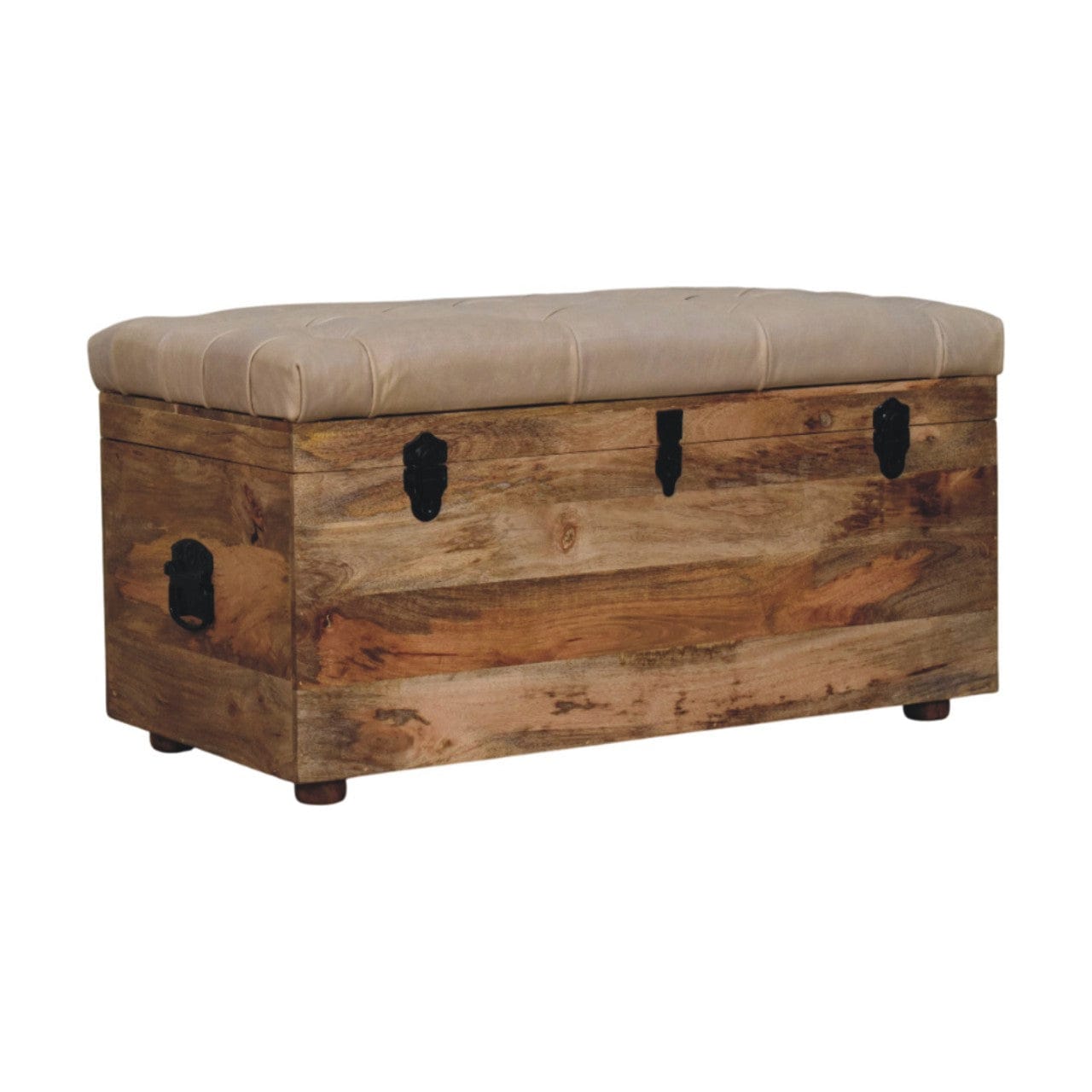 Mid-Century Modern Beige Buffalo hide leather Storage Trunk - Solid Mango Wood Blanket Chest for Bedroom - main view...