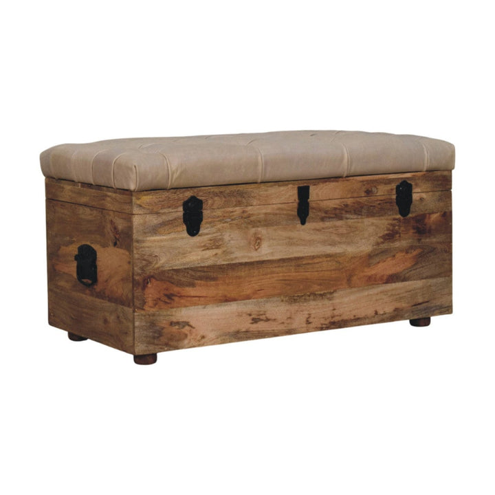 Mid-Century Modern Beige Buffalo hide leather Storage Trunk - Solid Mango Wood Blanket Chest for Bedroom - main view...
