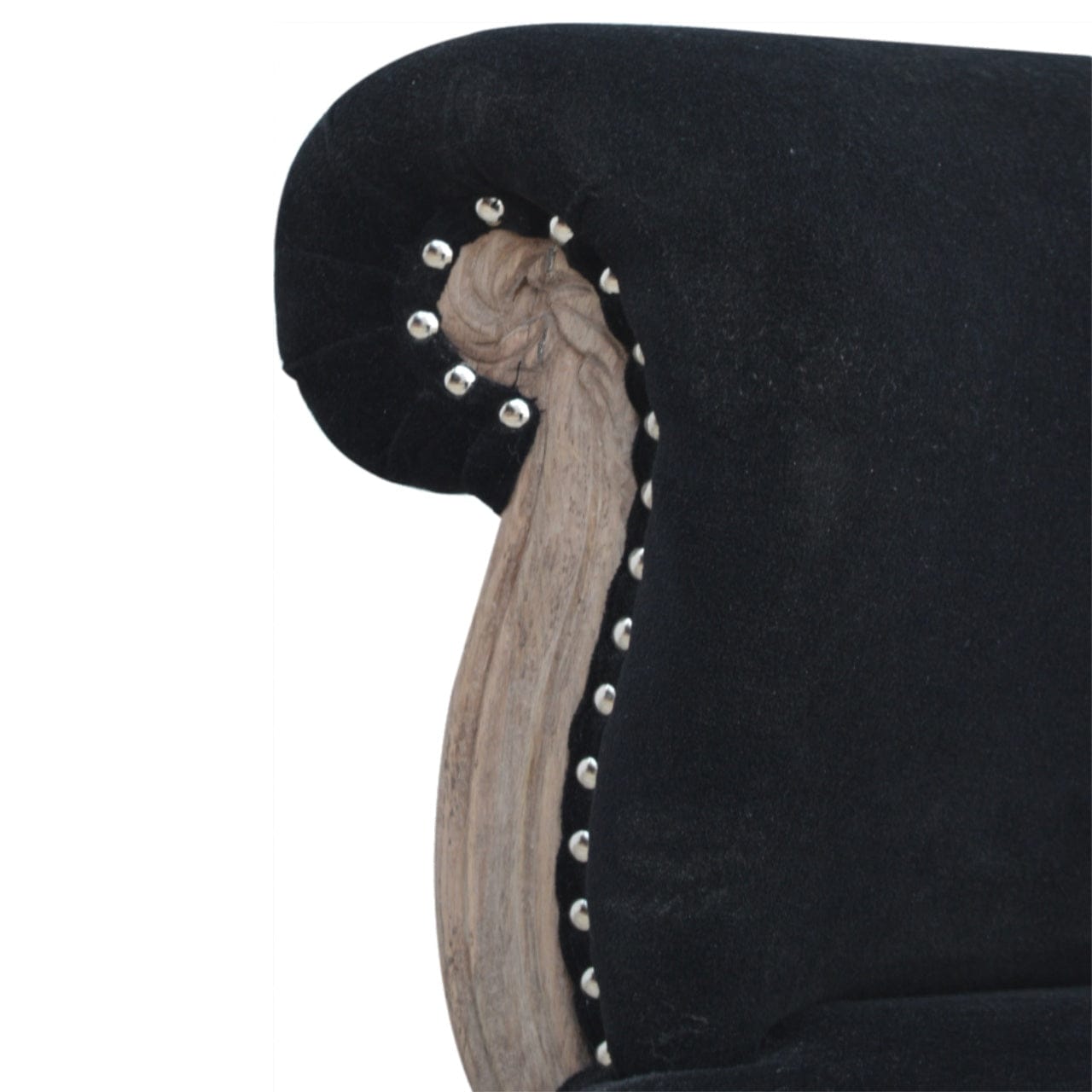 Mid-Century Modern Black Velvet Studded Chair in Solid Mango Wood - product view 7 showing handcrafted solid mango wood chair