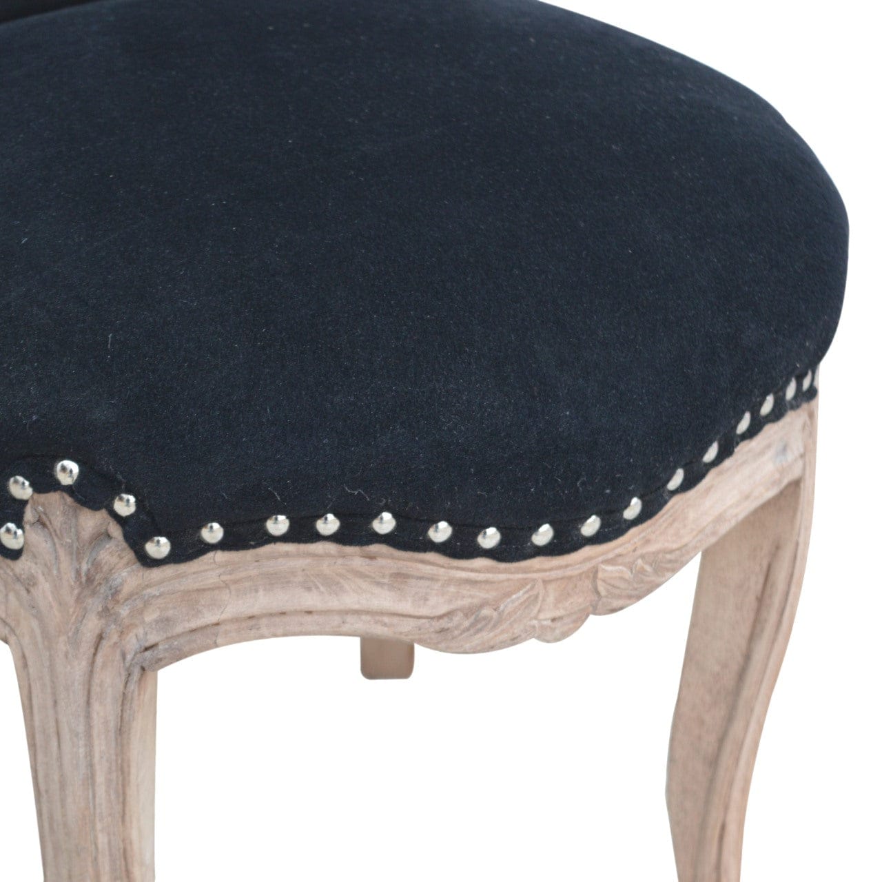 Mid-Century Modern Black Velvet Studded Chair in Solid Mango Wood - product view 6 showing handcrafted solid mango wood chair