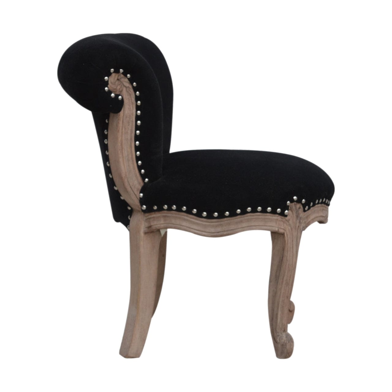 Mid-Century Modern Black Velvet Studded Chair in Solid Mango Wood - product view 5 showing handcrafted solid mango wood chair