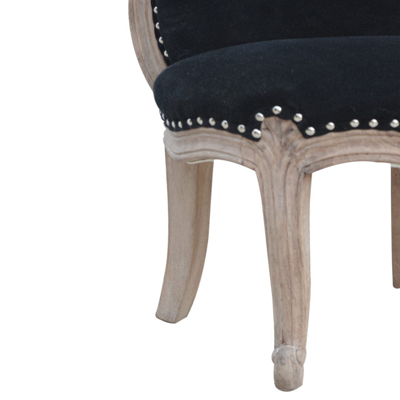 Mid-Century Modern Black Velvet Studded Chair in Solid Mango Wood - product view 4 showing handcrafted solid mango wood chair