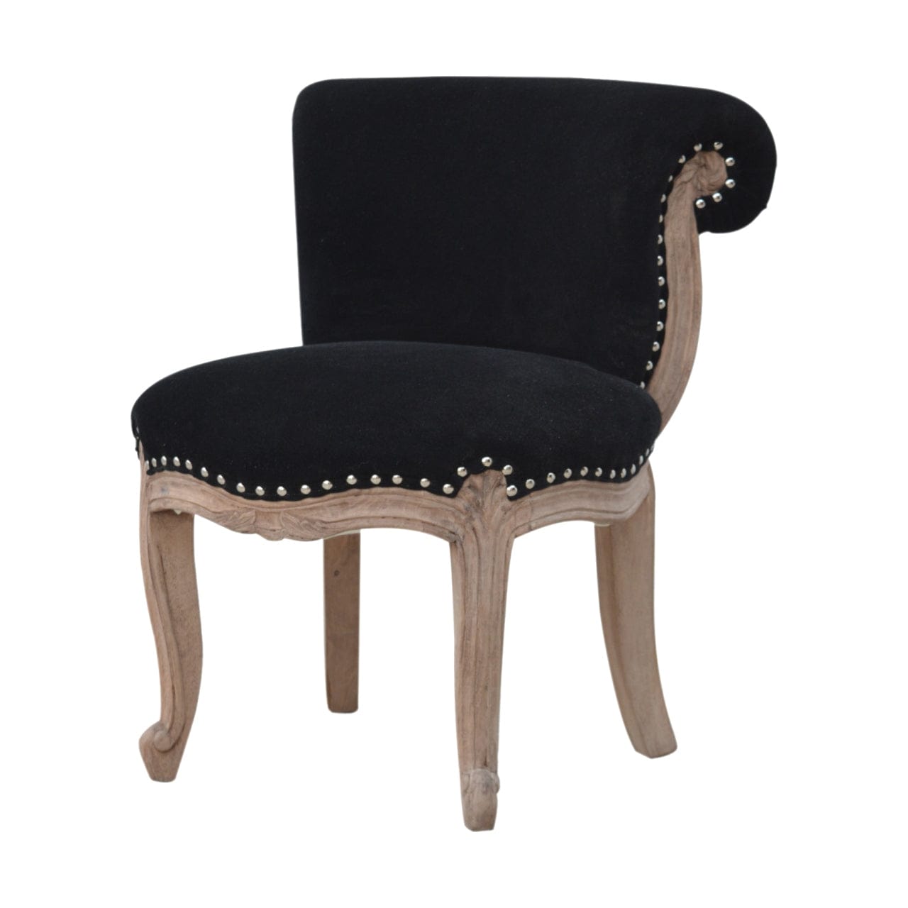 Mid-Century Modern Black Velvet Studded Chair in Solid Mango Wood - main view showing handcrafted solid mango wood chair