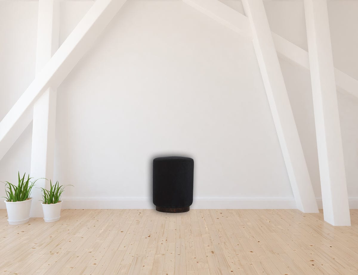 Mid-Century Modern Black Velvet Wooden Base Footstool - Solid Mango Wood Accent Stool for Living Room - product view 8...