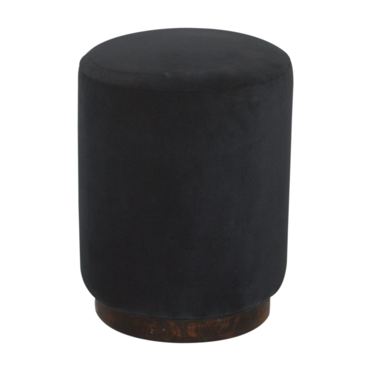 Mid-Century Modern Black Velvet Wooden Base Footstool - Solid Mango Wood Accent Stool for Living Room - main view showing...