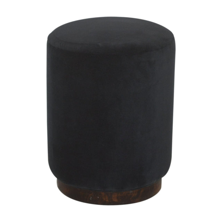 Mid-Century Modern Black Velvet Wooden Base Footstool - Solid Mango Wood Accent Stool for Living Room - main view showing...