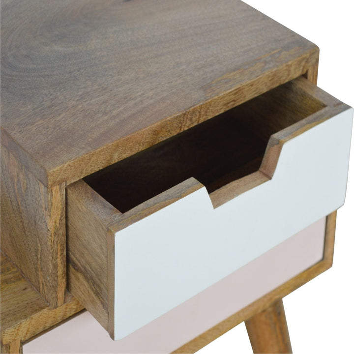 Mid-Century Modern Blush Pink and White Multi Nightstand - Solid Mango Wood Bedside Table for Bedroom - product view 4...