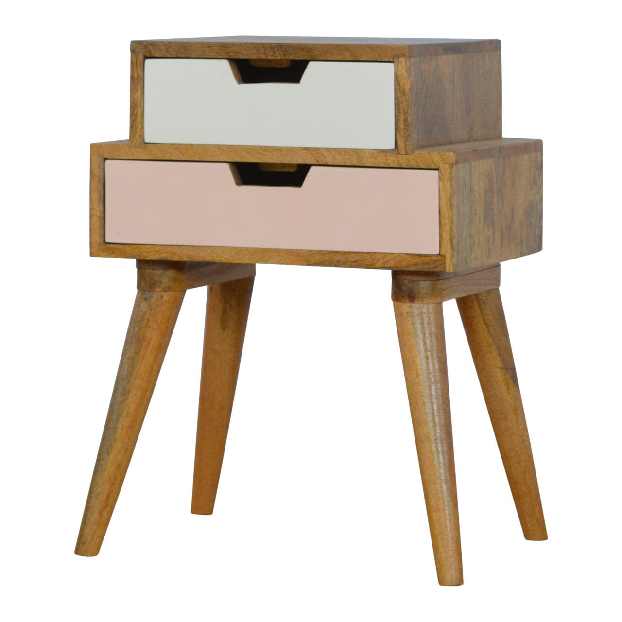 Mid-Century Modern Blush Pink and White Multi Nightstand - Solid Mango Wood Bedside Table for Bedroom - product view 2...