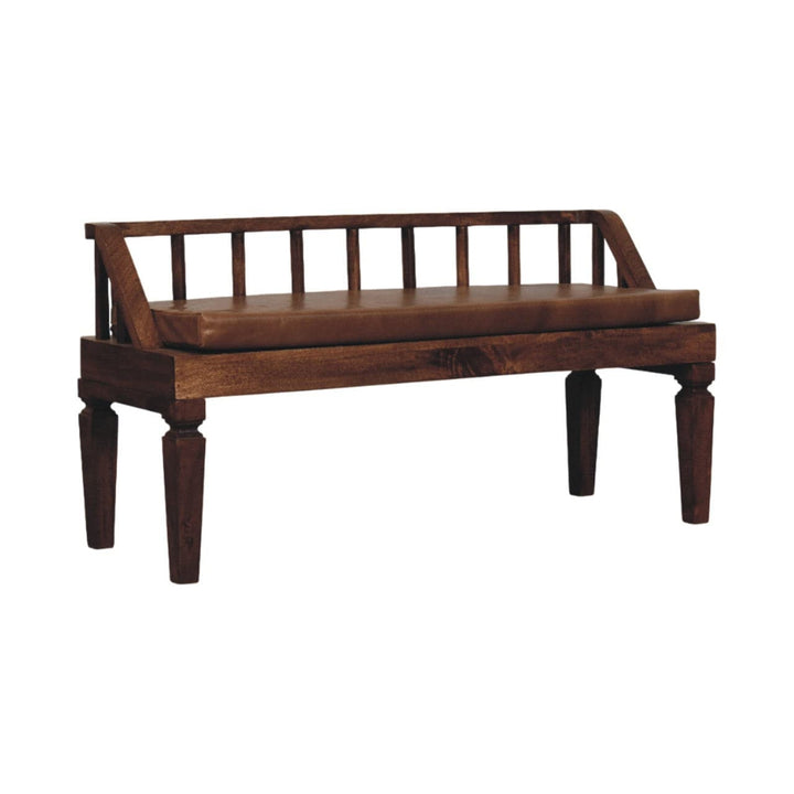 Bordeaux Leather Bench - Solid Mango Wood Seating Furniture for Entryway - product view 3 showing handcrafted solid mango...