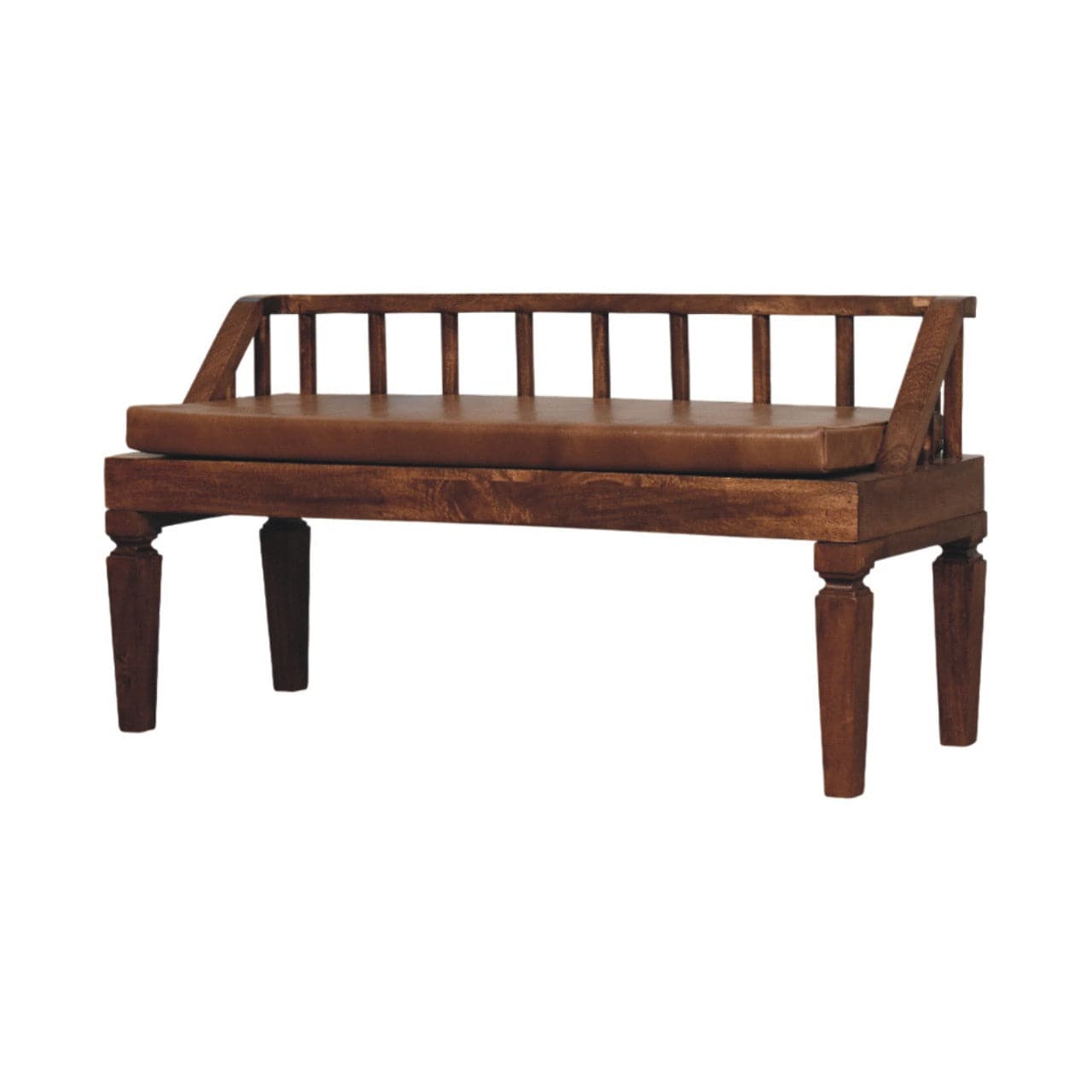 Bordeaux Leather Bench - Solid Mango Wood Seating Furniture for Entryway - product view 2 showing handcrafted solid mango...
