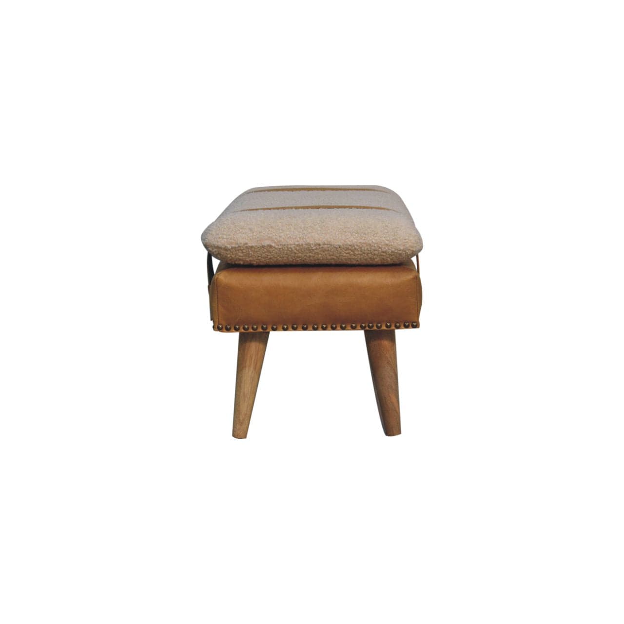 Farmhouse Bouclé Buffalo Hide Tan Leather Bench - Solid Mango Wood Seating Furniture for Entryway - product view 9...