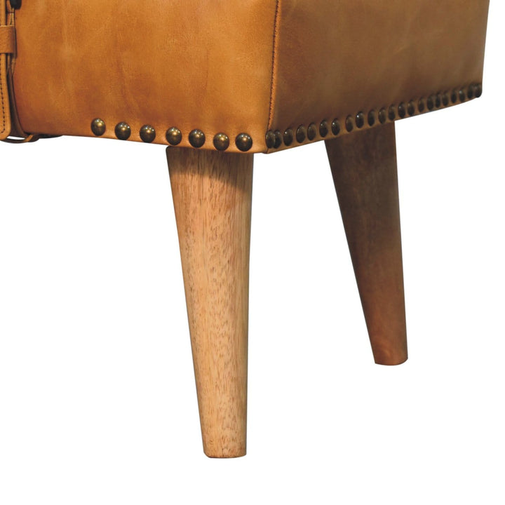 Farmhouse Bouclé Buffalo Hide Tan Leather Bench - Solid Mango Wood Seating Furniture for Entryway - product view 8...