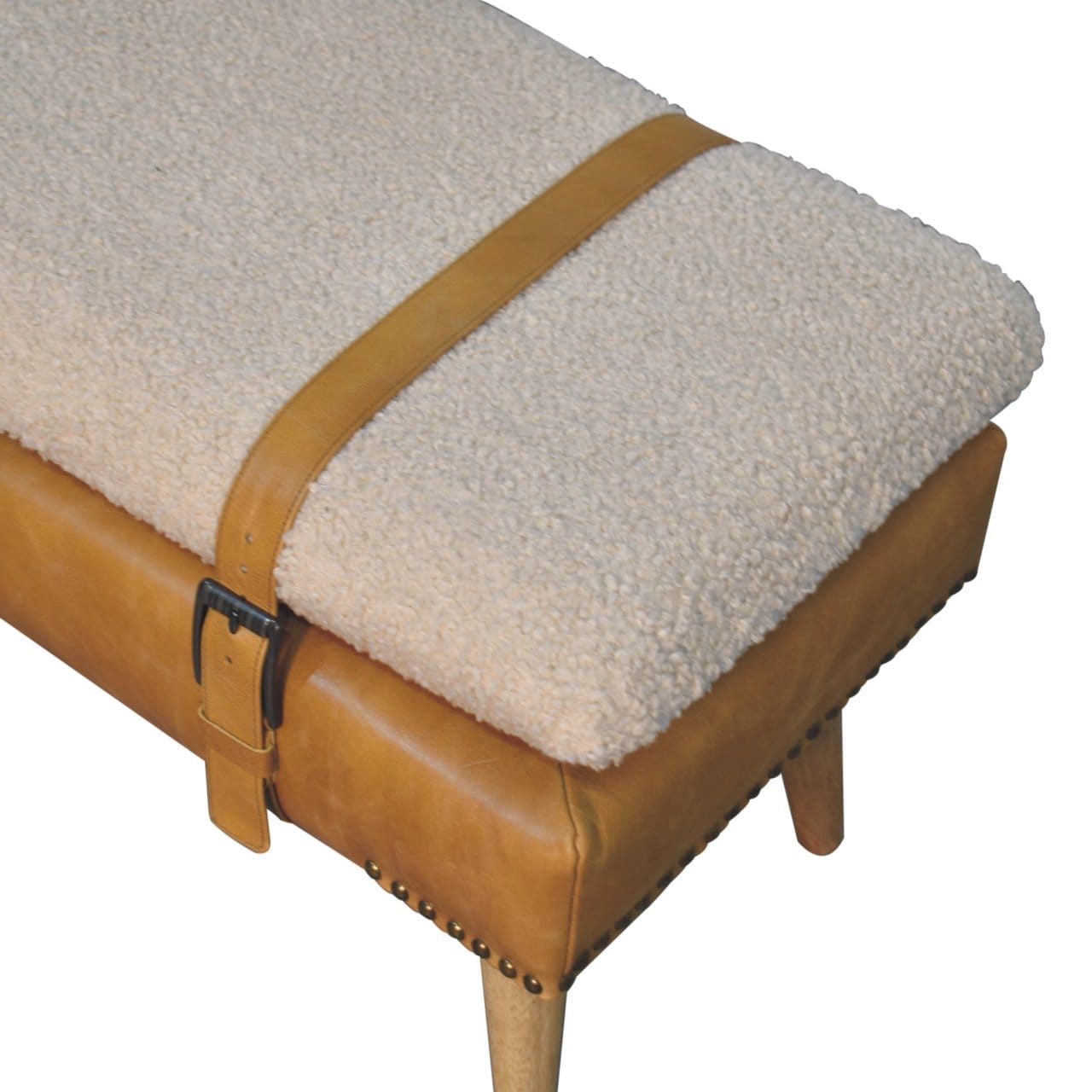 Farmhouse Bouclé Buffalo Hide Tan Leather Bench - Solid Mango Wood Seating Furniture for Entryway - product view 7...