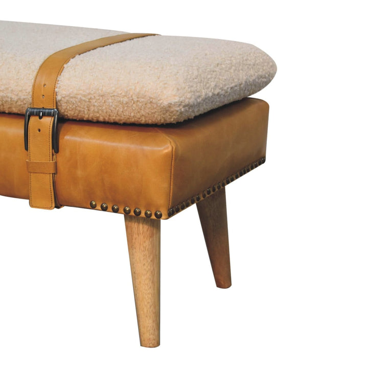 Farmhouse Bouclé Buffalo Hide Tan Leather Bench - Solid Mango Wood Seating Furniture for Entryway - product view 6...