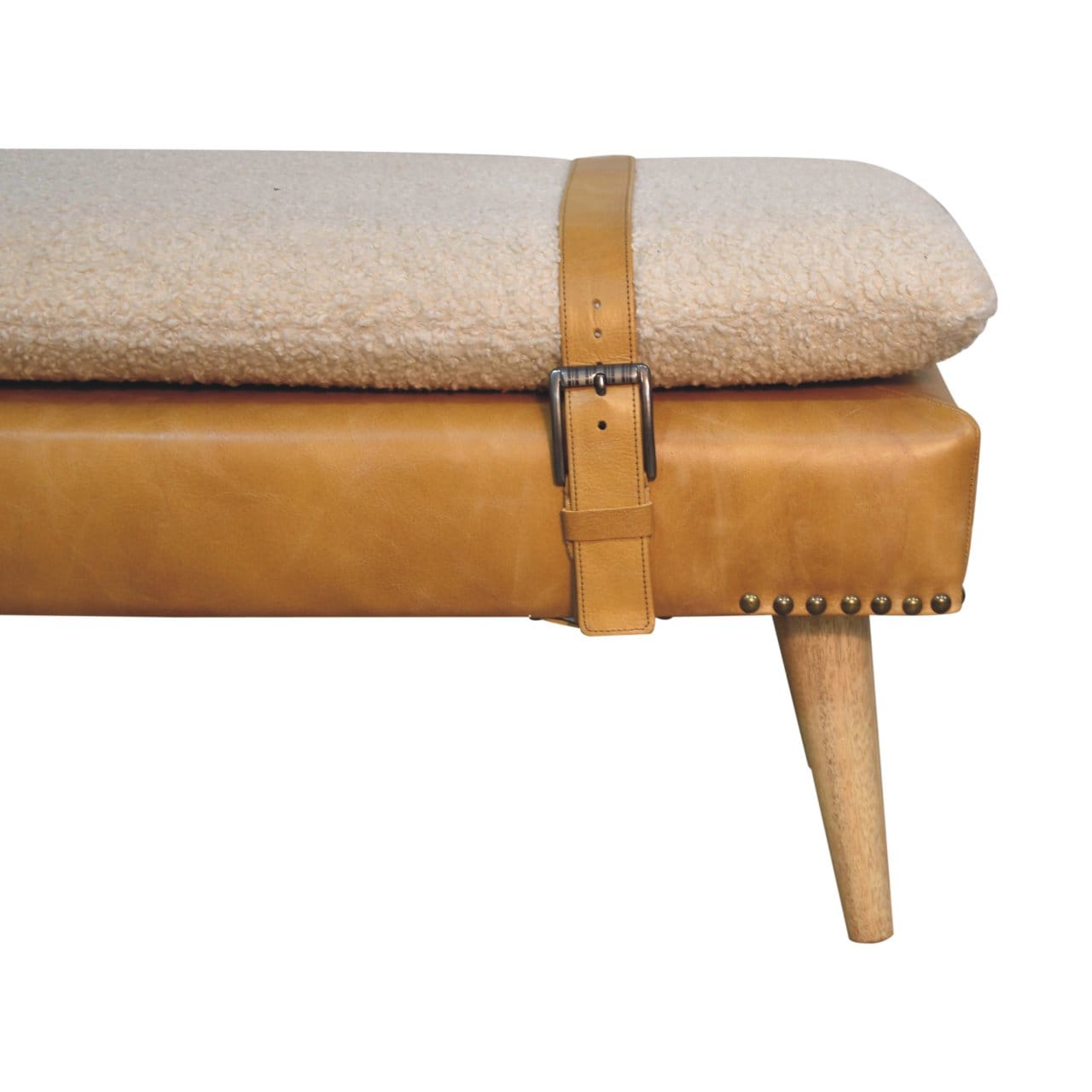 Farmhouse Bouclé Buffalo Hide Tan Leather Bench - Solid Mango Wood Seating Furniture for Entryway - product view 5...