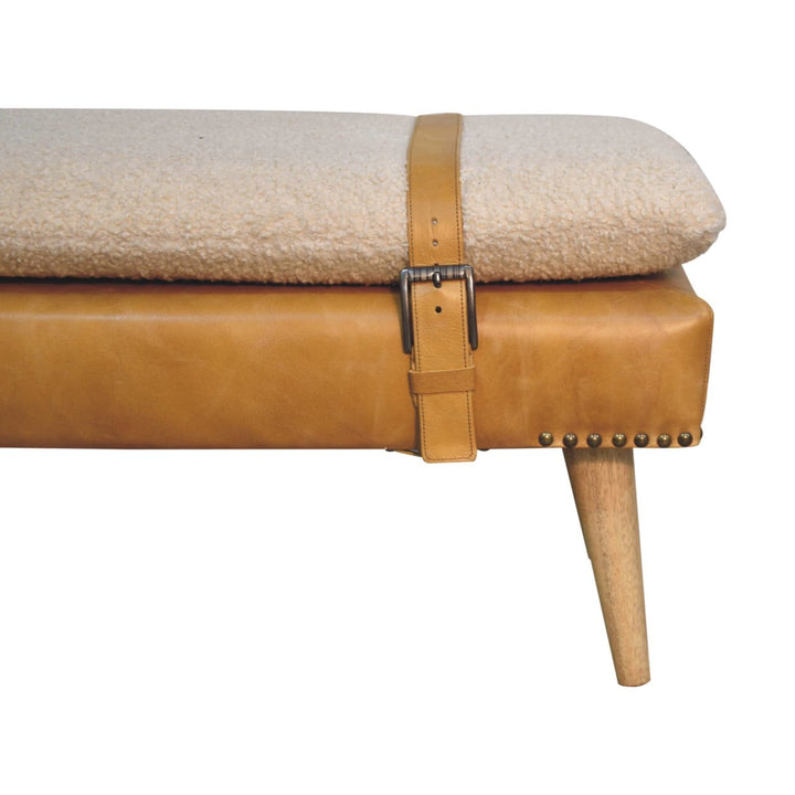 Farmhouse Bouclé Buffalo Hide Tan Leather Bench - Solid Mango Wood Seating Furniture for Entryway - product view 5...