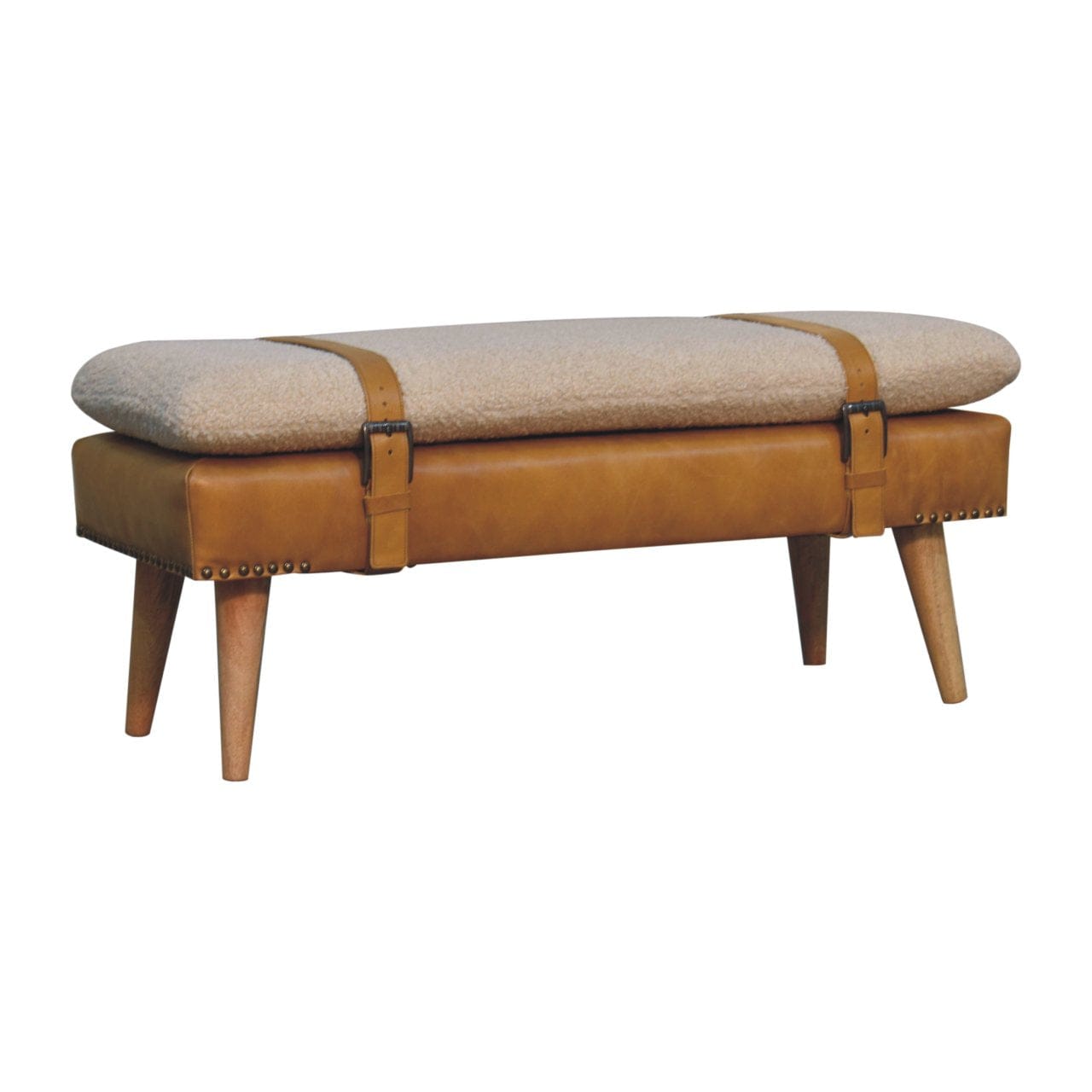 Farmhouse Bouclé Buffalo Hide Tan Leather Bench - Solid Mango Wood Seating Furniture for Entryway - product view 4...