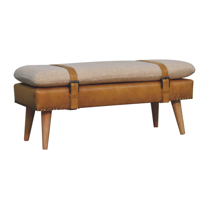 Farmhouse Bouclé Buffalo Hide Tan Leather Bench - Solid Mango Wood Seating Furniture for Entryway - product view 4...