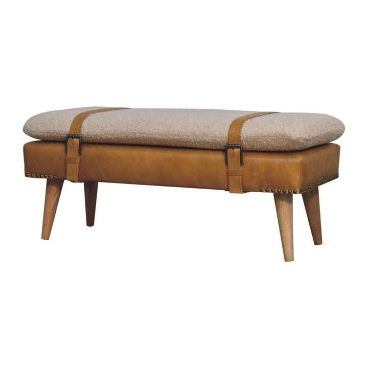 Farmhouse Bouclé Buffalo Hide Tan Leather Bench - Solid Mango Wood Seating Furniture for Entryway - product view 3...