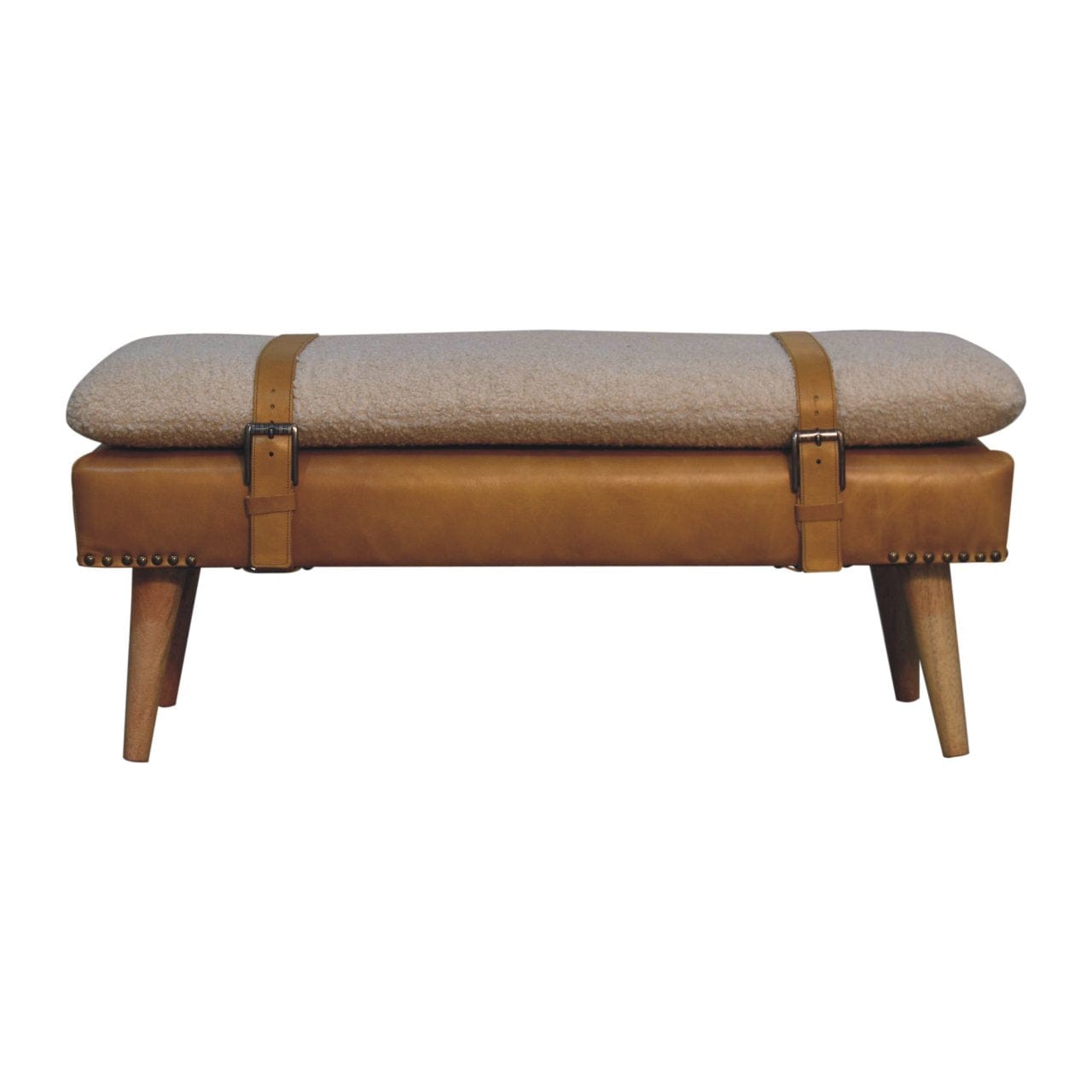 Farmhouse Bouclé Buffalo Hide Tan Leather Bench - Solid Mango Wood Seating Furniture for Entryway - product view 2...