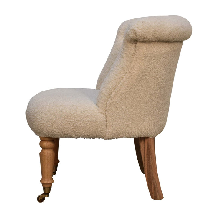 Mid-Century Modern Boucle Cream Accent Chair in Solid Mango Wood - product view 8 showing handcrafted solid mango wood chair
