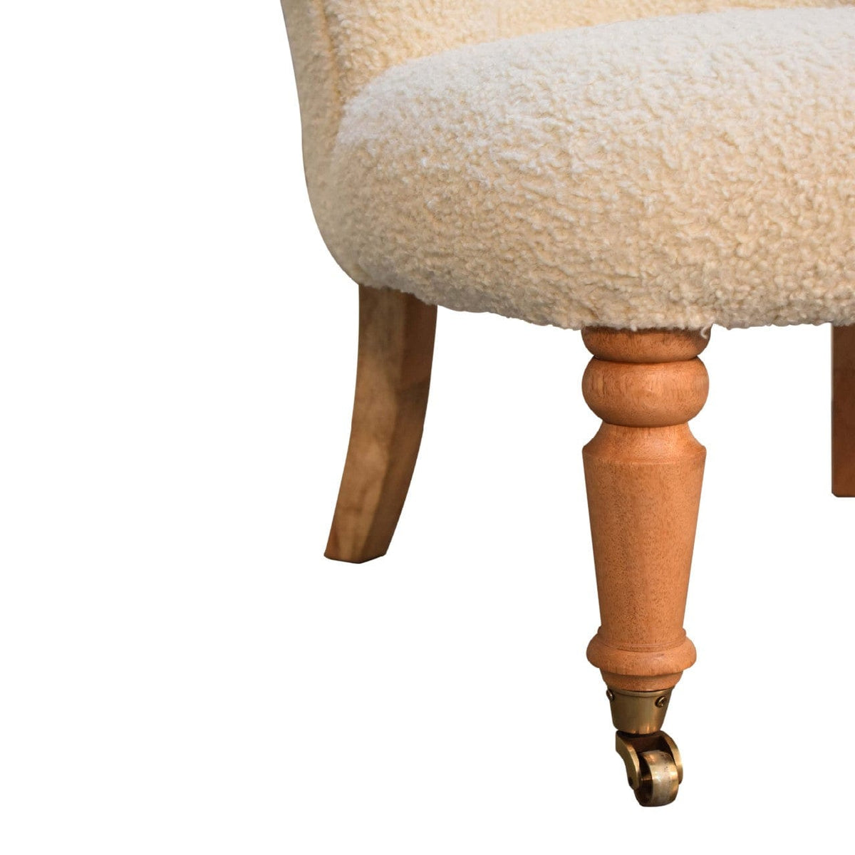 Mid-Century Modern Boucle Cream Accent Chair in Solid Mango Wood - product view 7 showing handcrafted solid mango wood chair