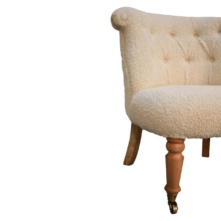 Mid-Century Modern Boucle Cream Accent Chair in Solid Mango Wood - product view 6 showing handcrafted solid mango wood chair