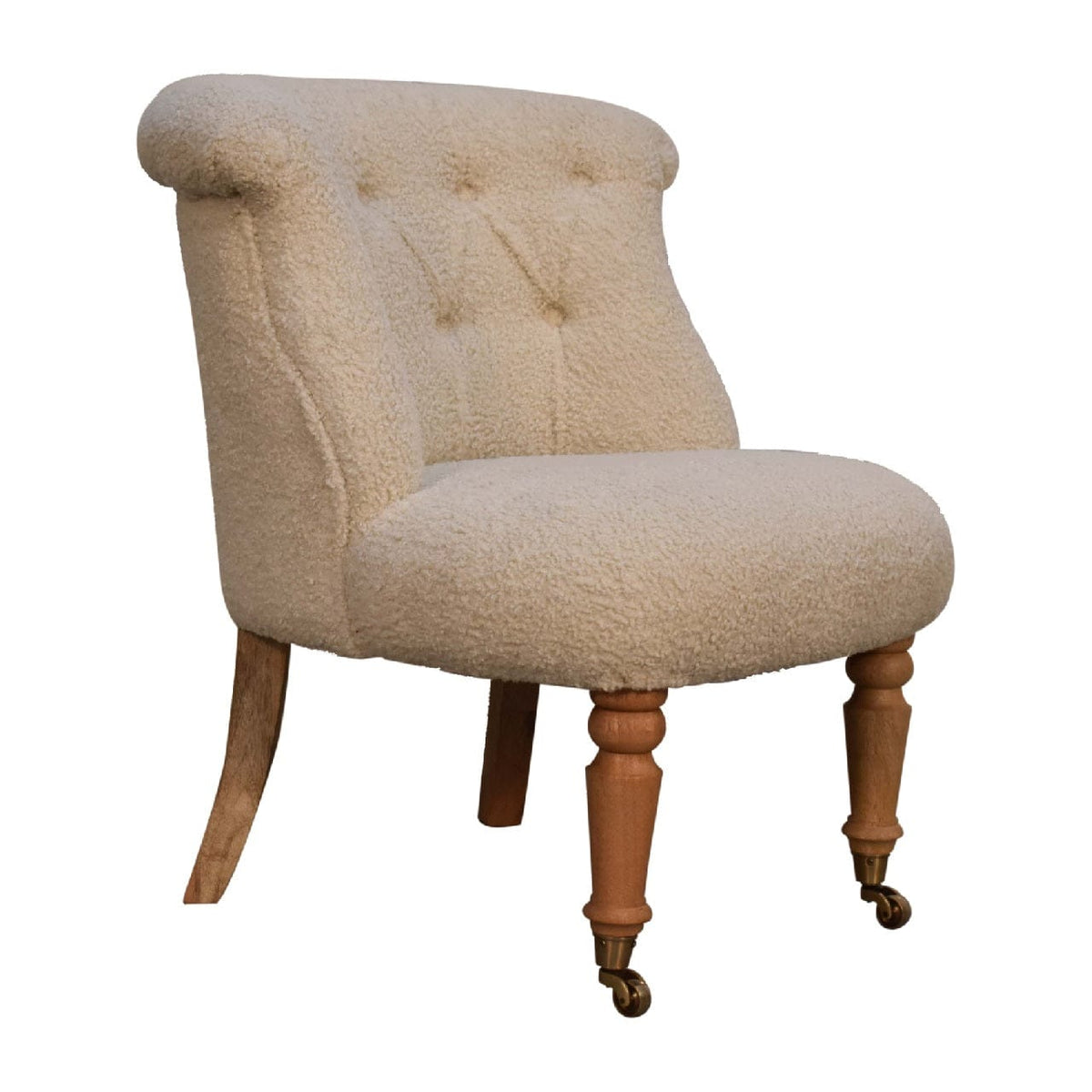 Mid-Century Modern Boucle Cream Accent Chair in Solid Mango Wood - product view 3 showing handcrafted solid mango wood chair