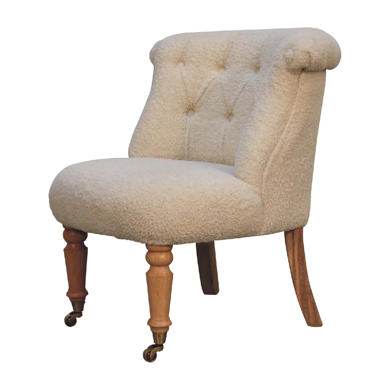 Mid-Century Modern Boucle Cream Accent Chair in Solid Mango Wood - product view 2 showing handcrafted solid mango wood chair