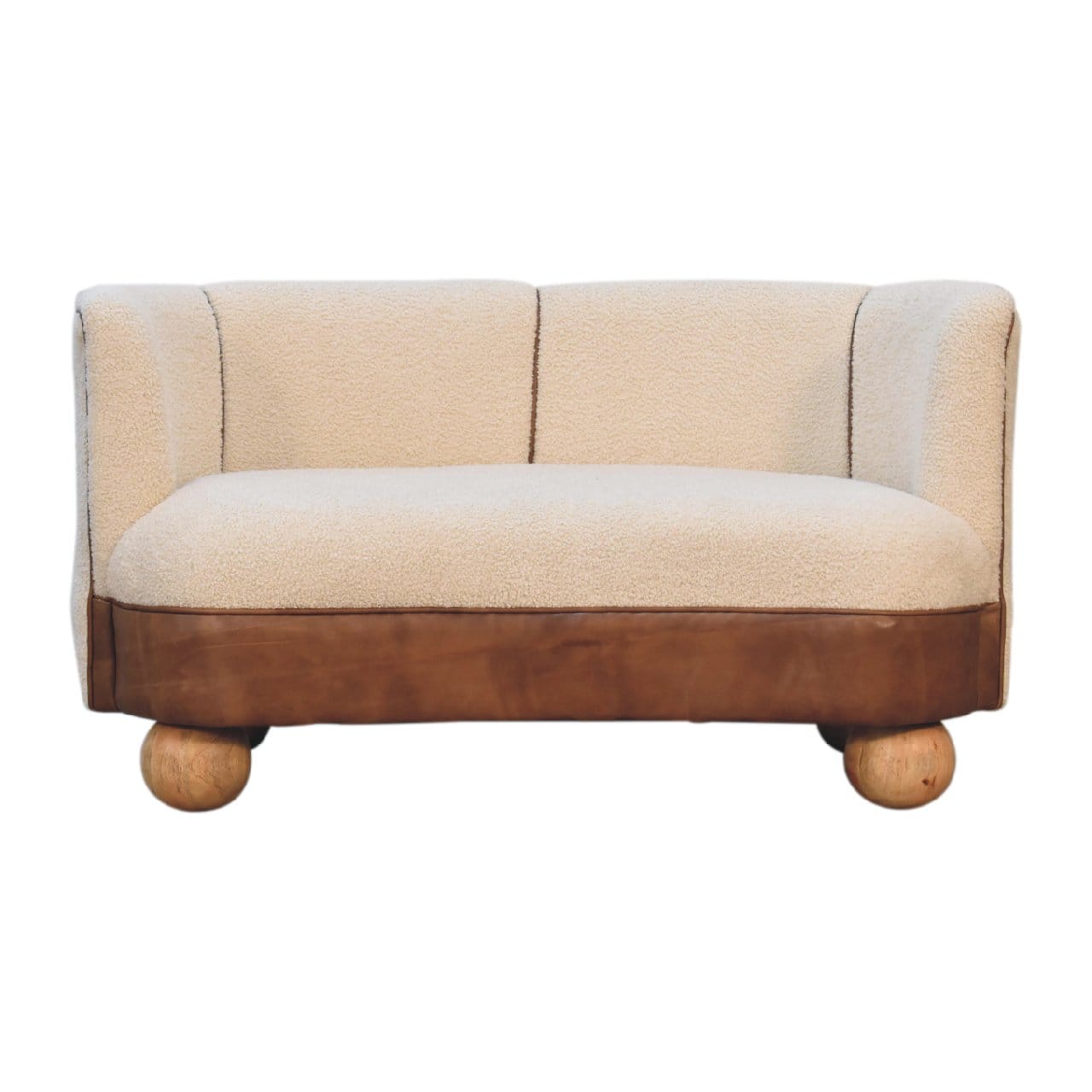 Mid-Century Modern Boucle Cream Buffalo Sofa - Solid Mango Wood Couch for Living Room - main view showing handcrafted...