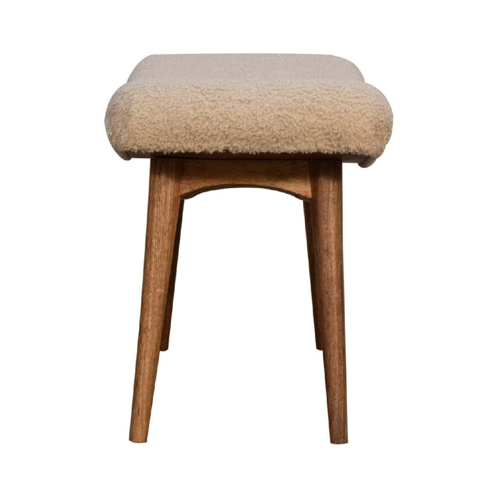 Boucle Cream Curved Bench - Solid Mango Wood Seating Furniture for Entryway - product view 9 showing handcrafted solid...