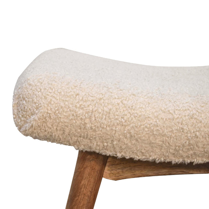 Boucle Cream Curved Bench - Solid Mango Wood Seating Furniture for Entryway - product view 5 showing handcrafted solid...