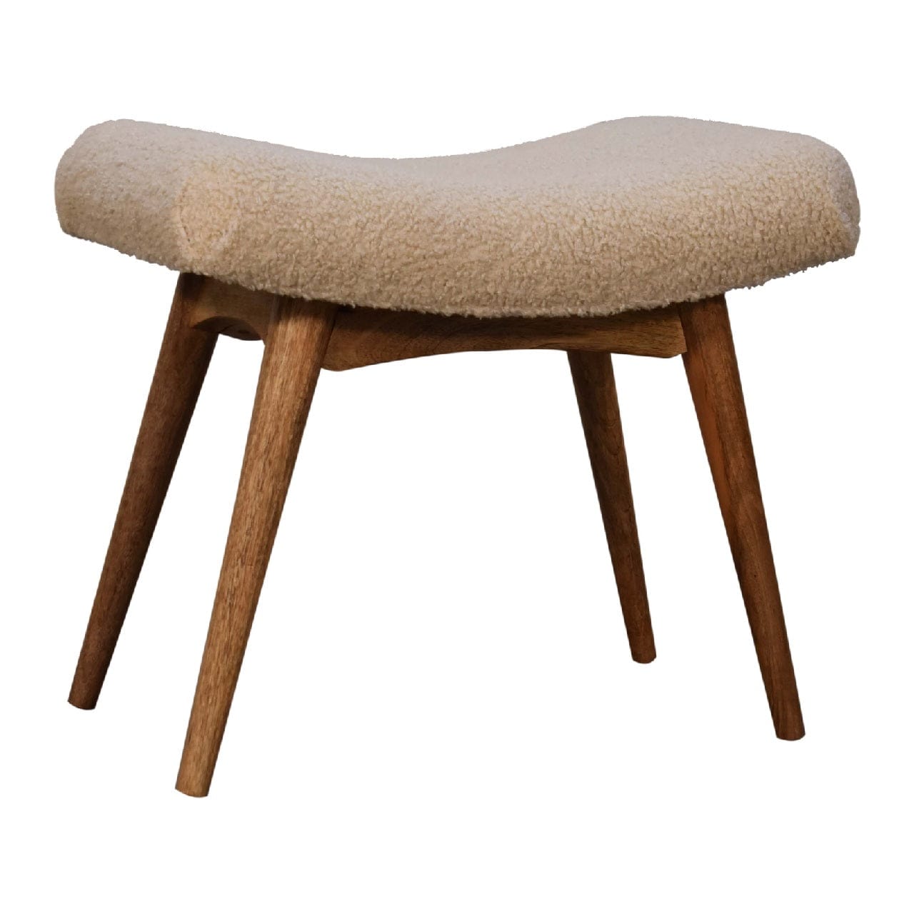 Boucle Cream Curved Bench - Solid Mango Wood Seating Furniture for Entryway - product view 4 showing handcrafted solid...