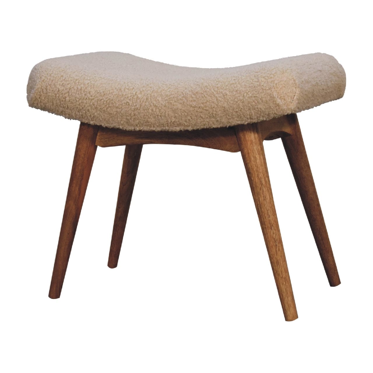 Boucle Cream Curved Bench - Solid Mango Wood Seating Furniture for Entryway - product view 3 showing handcrafted solid...