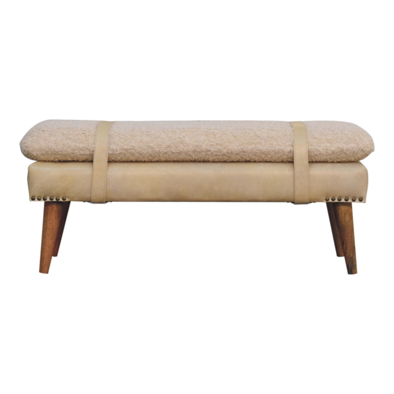 Mid-Century Modern Boucle x Beige Leather Bench - Solid Mango Wood Seating Furniture for Entryway - product view 8...