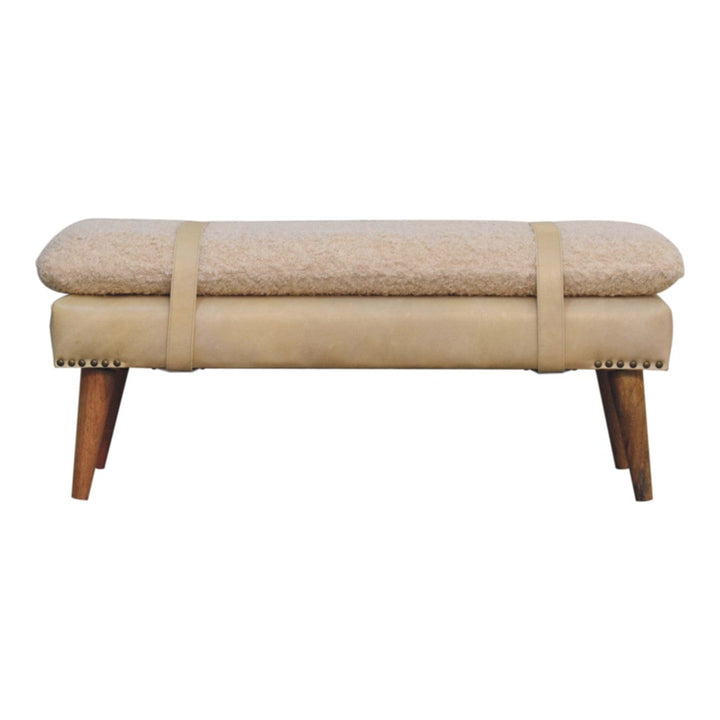 Mid-Century Modern Boucle x Beige Leather Bench - Solid Mango Wood Seating Furniture for Entryway - product view 8...