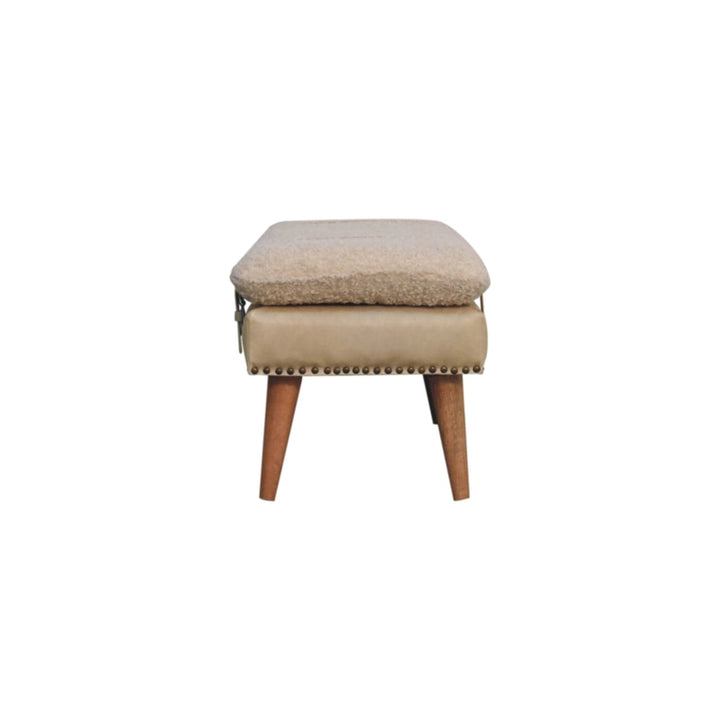 Mid-Century Modern Boucle x Beige Leather Bench - Solid Mango Wood Seating Furniture for Entryway - product view 7...