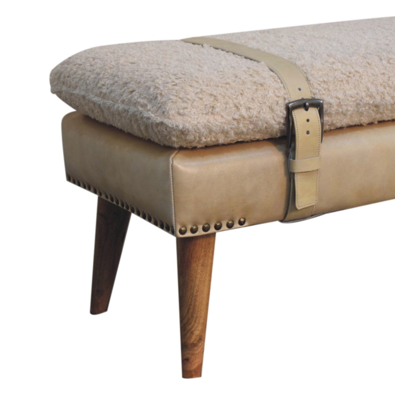 Mid-Century Modern Boucle x Beige Leather Bench - Solid Mango Wood Seating Furniture for Entryway - product view 6...
