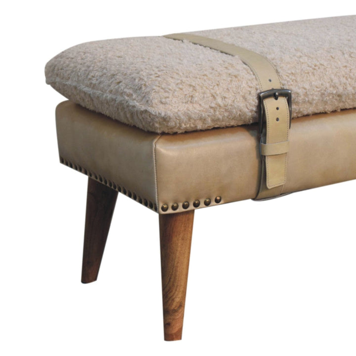 Mid-Century Modern Boucle x Beige Leather Bench - Solid Mango Wood Seating Furniture for Entryway - product view 6...