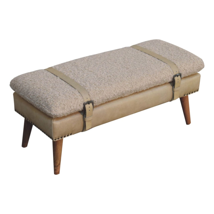 Mid-Century Modern Boucle x Beige Leather Bench - Solid Mango Wood Seating Furniture for Entryway - product view 5...