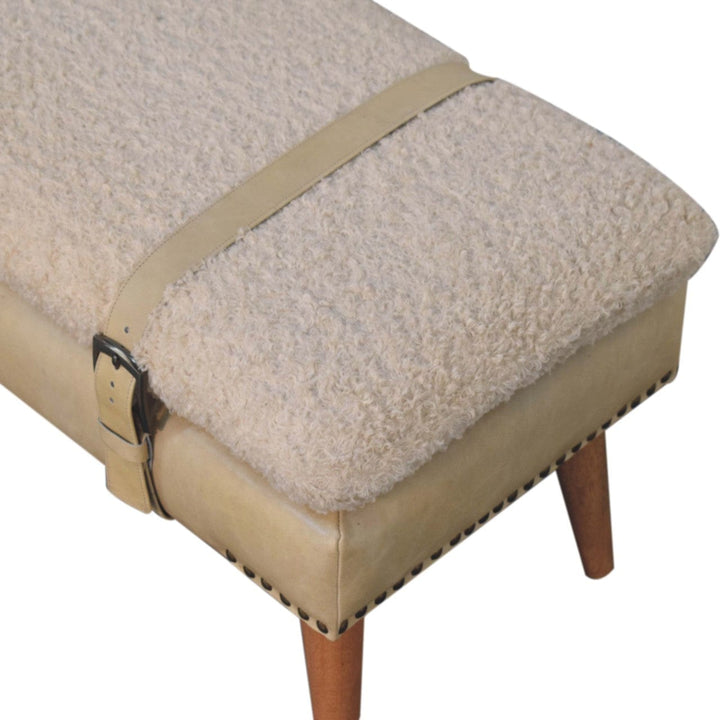 Mid-Century Modern Boucle x Beige Leather Bench - Solid Mango Wood Seating Furniture for Entryway - product view 4...