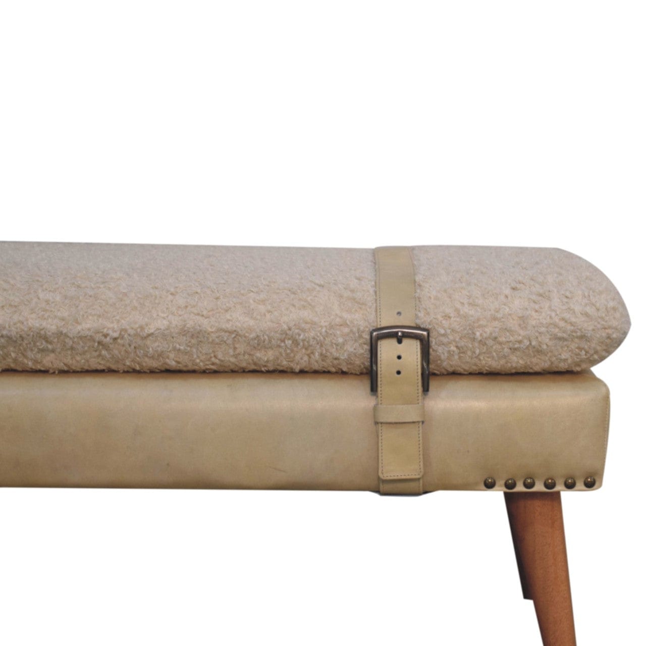 Mid-Century Modern Boucle x Beige Leather Bench - Solid Mango Wood Seating Furniture for Entryway - product view 3...