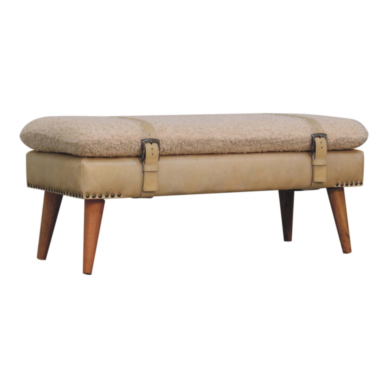 Mid-Century Modern Boucle x Beige Leather Bench - Solid Mango Wood Seating Furniture for Entryway - product view 2...