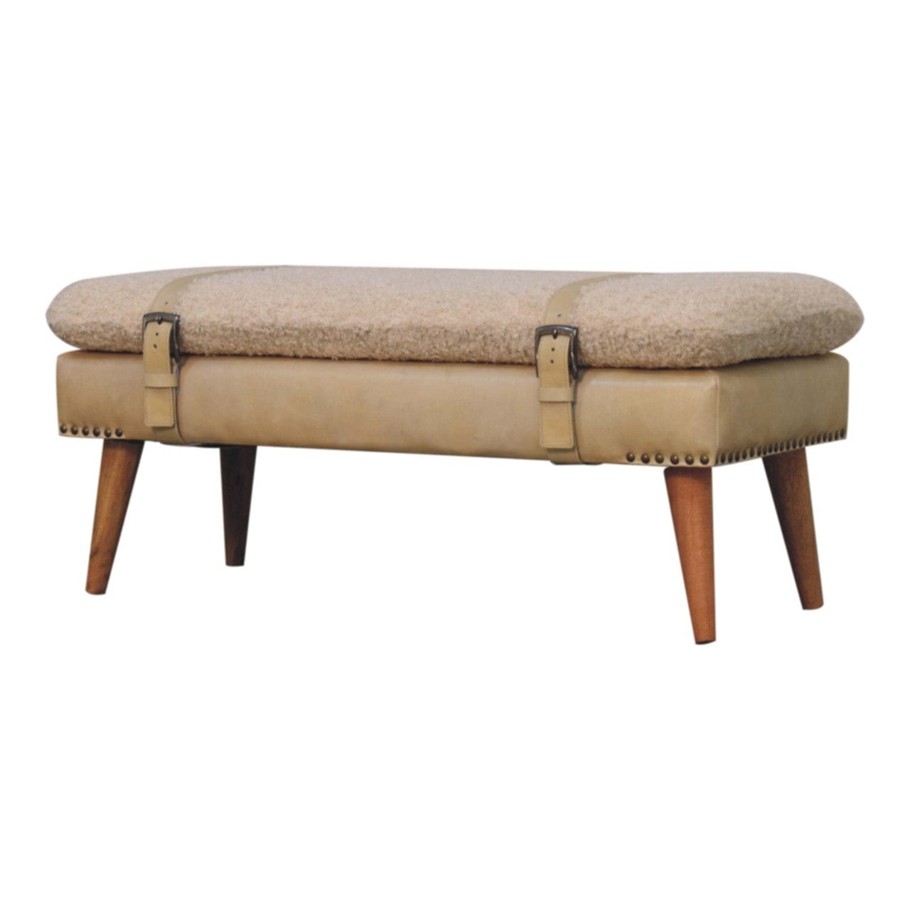 Mid-Century Modern Boucle x Beige Leather Bench - Solid Mango Wood Seating Furniture for Entryway - main view showing...