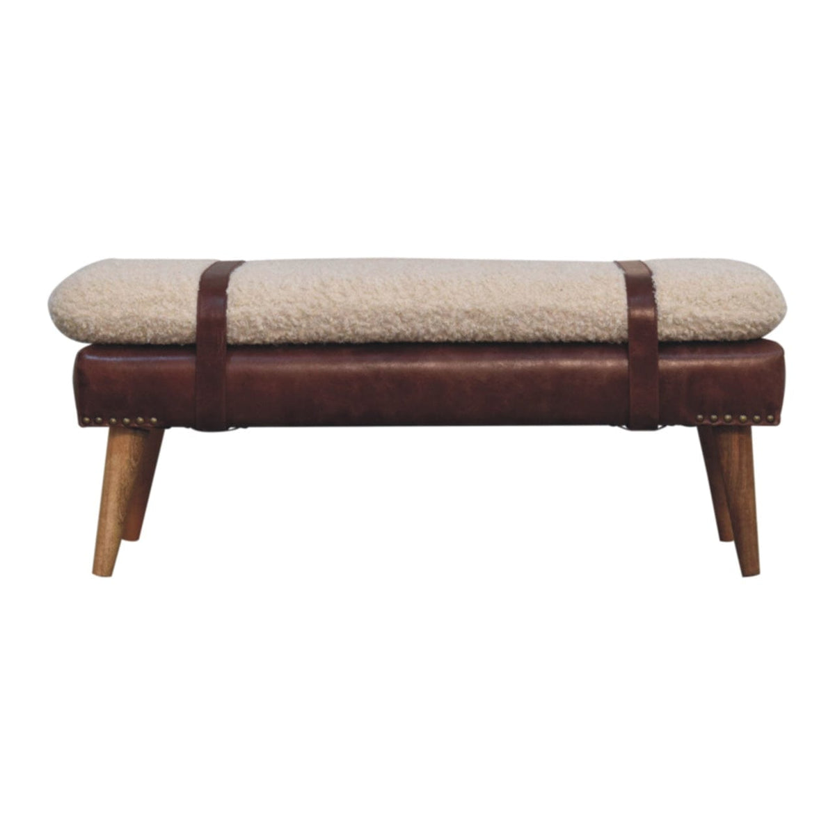 Rustic Boucle x Mahogany Leather Bench - Solid Mango Wood Seating Furniture for Entryway - product view 9 showing...