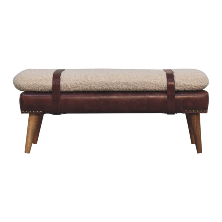 Rustic Boucle x Mahogany Leather Bench - Solid Mango Wood Seating Furniture for Entryway - product view 9 showing...