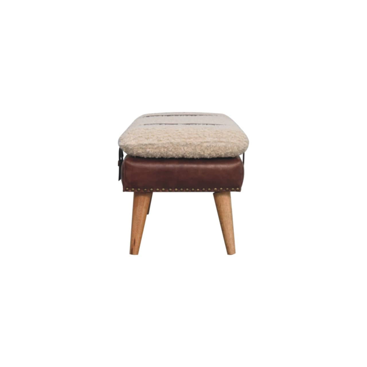 Rustic Boucle x Mahogany Leather Bench - Solid Mango Wood Seating Furniture for Entryway - product view 8 showing...