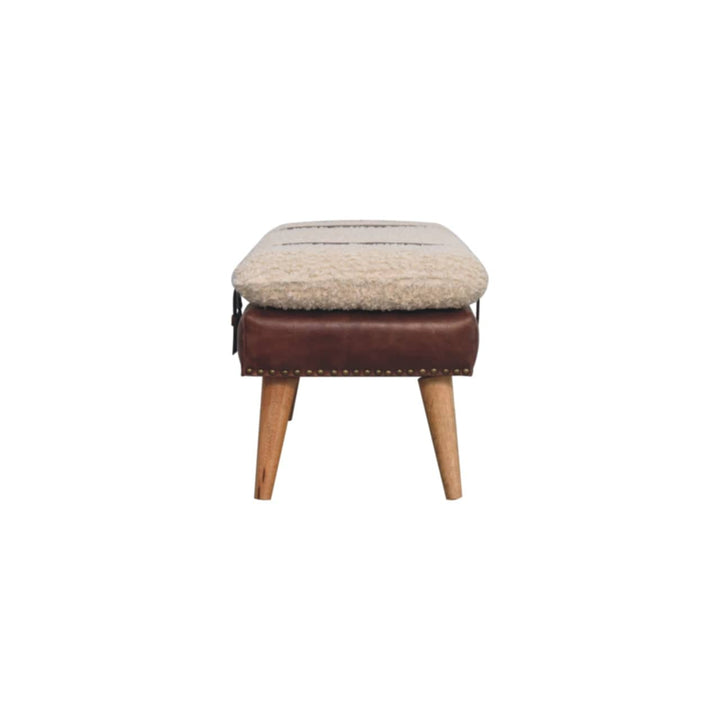 Rustic Boucle x Mahogany Leather Bench - Solid Mango Wood Seating Furniture for Entryway - product view 8 showing...